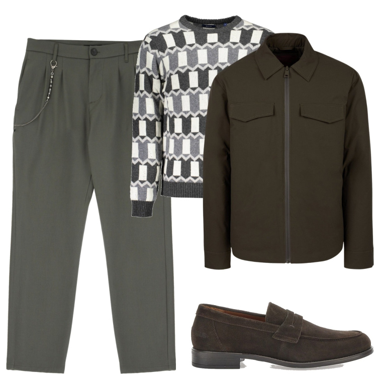 Outfit uomo - City. Stile Urban per Tutti i giorni. Abbinamento con pantaloni, piumini, scarpe stringate, maglieria.