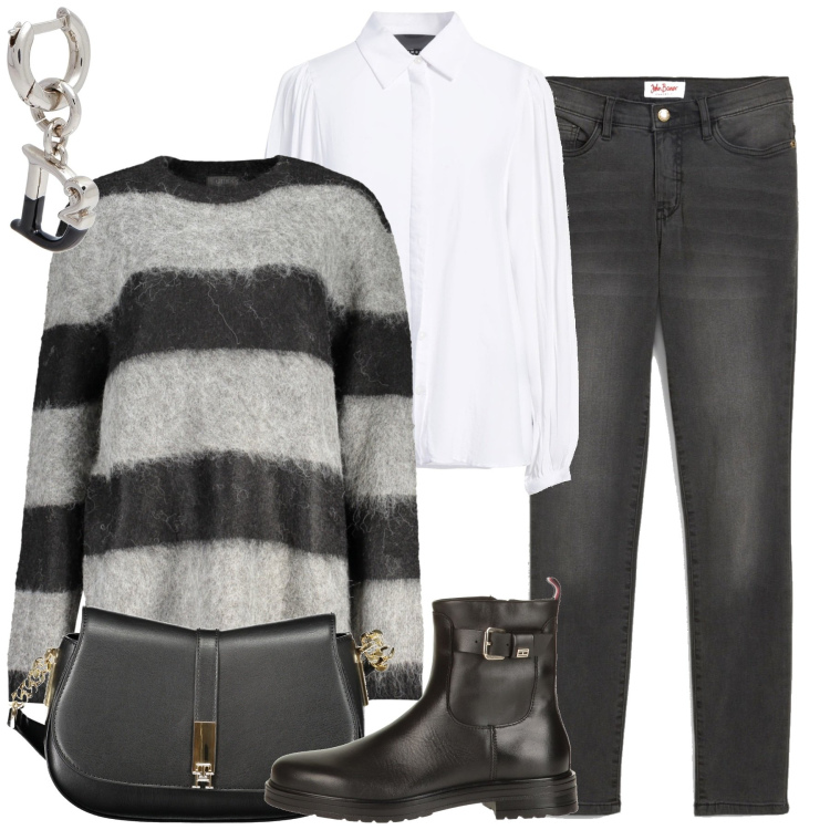 Outfit donna - City. Stile Urban per Tutti i giorni. Abbinamento con jeans slim fit, stivaletti, orecchini, camicie, maglieria, borse a spalla.