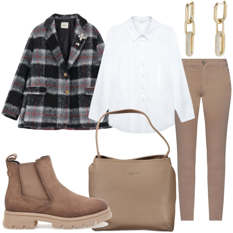 Outfit donna - A quadri per la giornata. Stile Trendy per Tutti i giorni. Abbinamento con pantaloni, orecchini, blazer, stivaletti chelsea, borse a spalla, camicie.