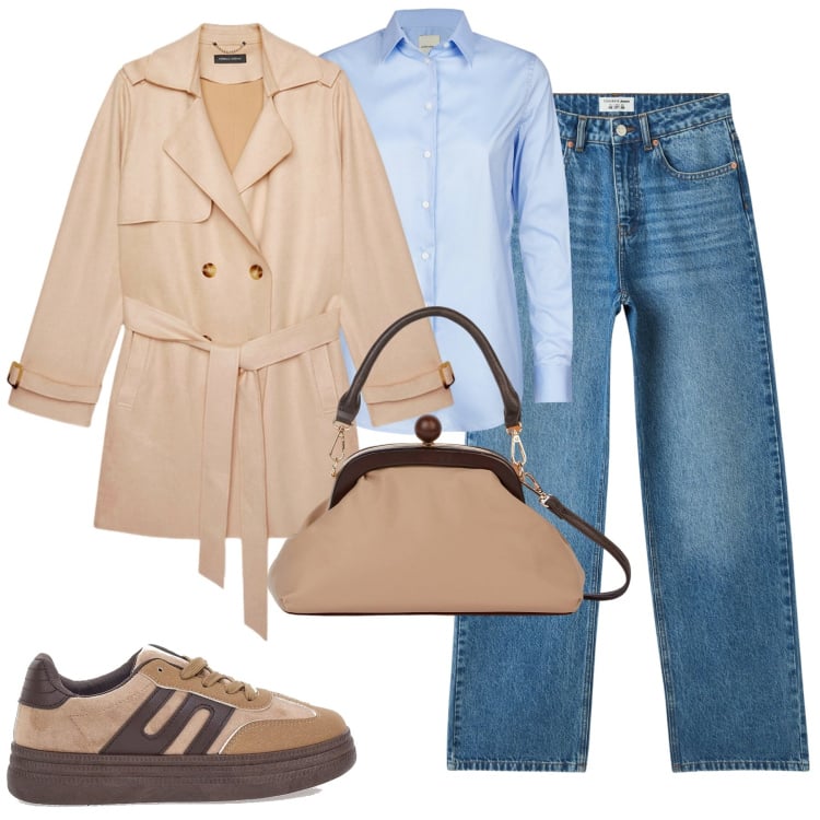 Outfit donna - City. Stile Casual chic per Tutti i giorni. Abbinamento con jeans, clutch, sneakers, trench, camicie.