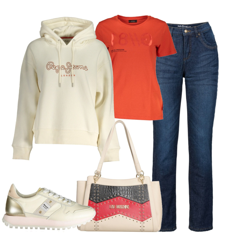 Outfit donna - City. Stile Casual chic per Tutti i giorni. Abbinamento con jeans dritti, borse a spalla, sneakers, t-shirt, felpe con cappuccio.