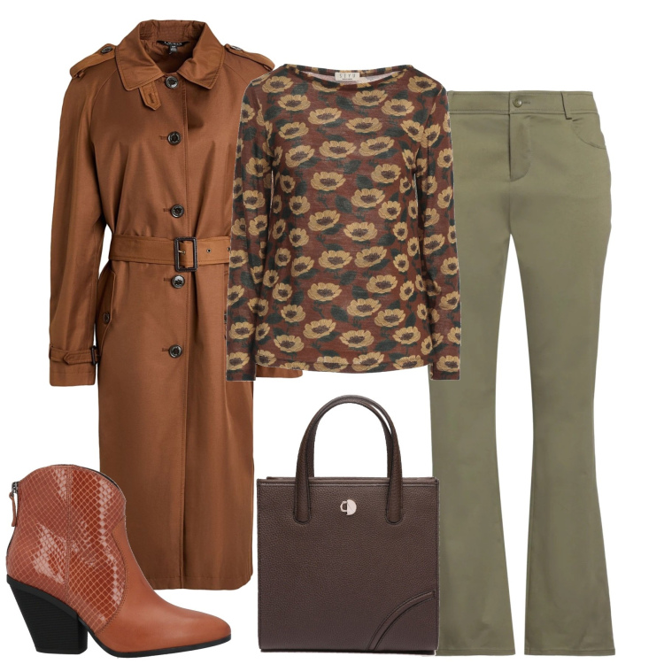 Outfit donna - City. Stile Urban per Tutti i giorni. Abbinamento con stivaletti texani, pullovers, trench, pantaloni, shopping bag.
