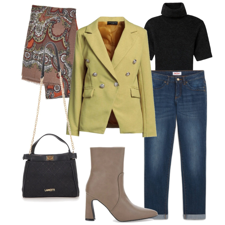 Outfit donna - Blazer e jeans. Stile Casual chic per Tutti i giorni. Abbinamento con jeans dritti, blazer, maglieria, borse a tracolla, foulard, stivaletti.