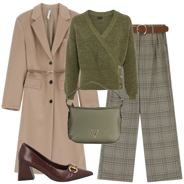 Outfit donna - In ufficio. Stile Chic per Ufficio. Abbinamento con maglieria, décolleté, cappotti, pantaloni, borse a spalla.