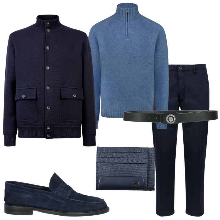 Outfit uomo - Casual chic in ufficio. Stile Urban per Ufficio. Abbinamento con scarpe stringate, cinture, maglieria, portafogli, giacche, pantaloni.