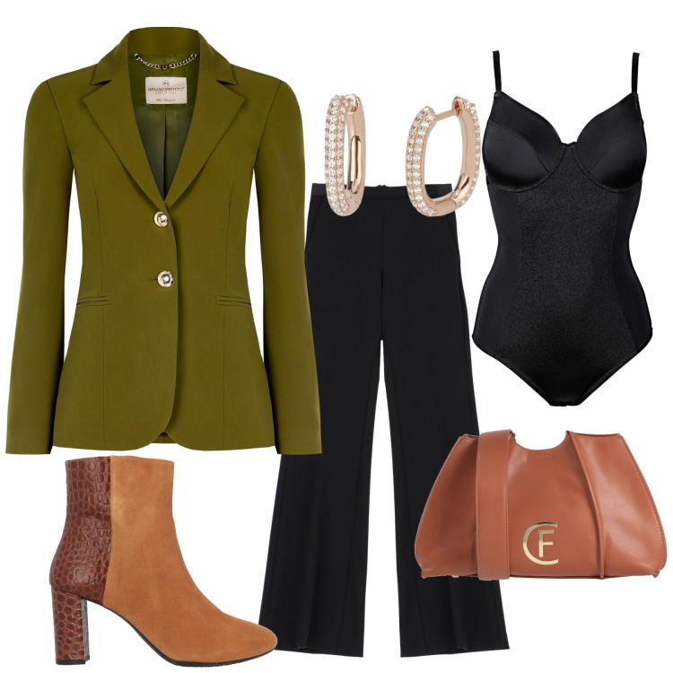 Outfit donna - Total look #2035625. Stile Casual chic per Tutti i giorni. Abbinamento con body, stivaletti, borse a tracolla, orecchini, blazer, pantaloni.