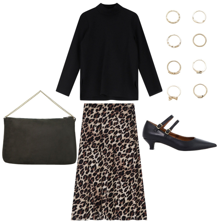 Outfit donna - Focus Animalier. Stile Urban per Tutti i giorni. Abbinamento con anelli, décolleté, gonne longuette, maglieria, pochette.