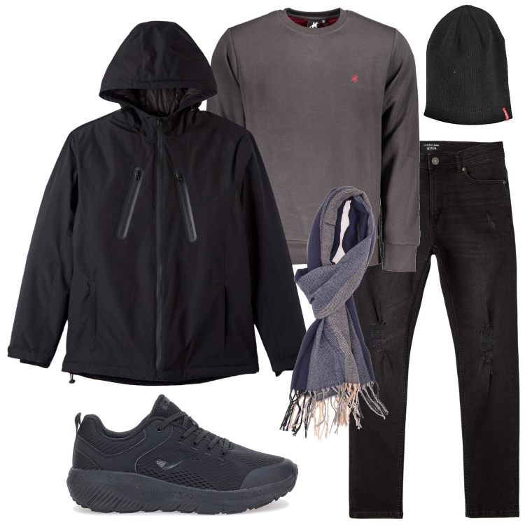 Outfit uomo - In città. Stile Casual per Tutti i giorni. Abbinamento con giacche, jeans strappati, sciarpe, sneakers, felpe, berretti.