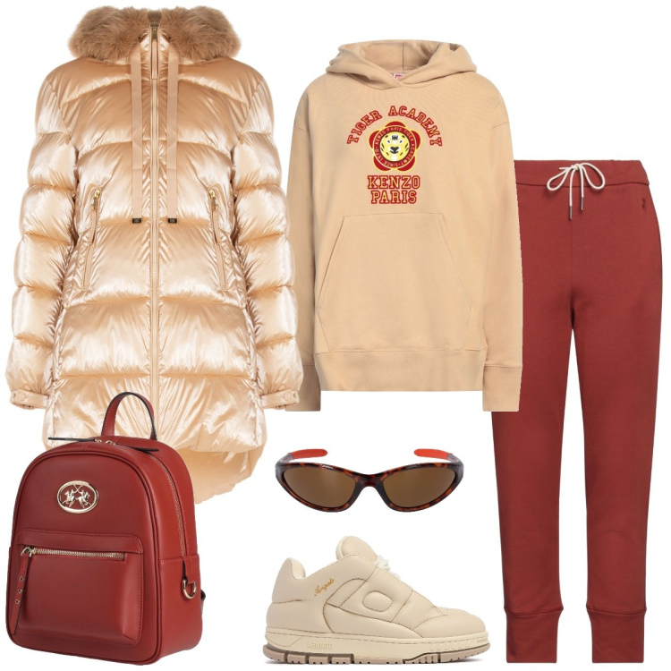 Outfit donna - Total look #2035641. Stile Sporty chic per Sport. Abbinamento con pantaloni sportivi, felpe con cappuccio, zaini, piumini, occhiali da sole, sneakers.