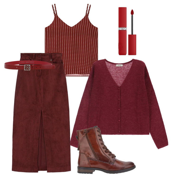 Outfit donna - Total bordeaux. Stile Glamour per Tutti i giorni. Abbinamento con rossetti, cinture, top, gonne lunghe, cardigans, anfibi.