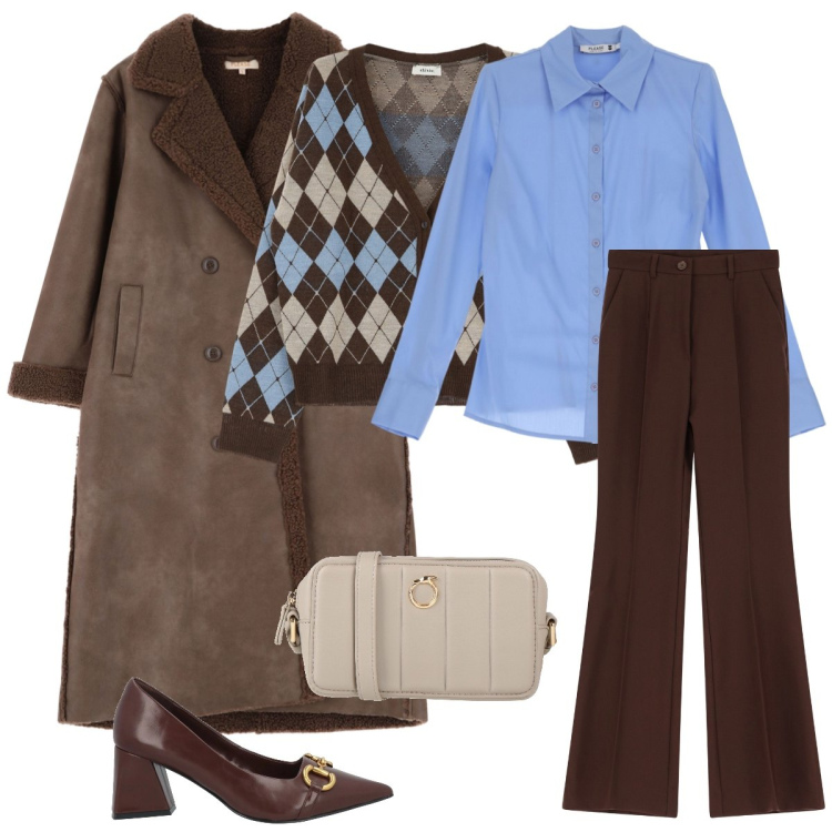 Outfit donna - Total look #2035648. Stile Casual chic per Tutti i giorni. Abbinamento con borse a tracolla, décolleté, camicie, cappotti, pantaloni, cardigans.