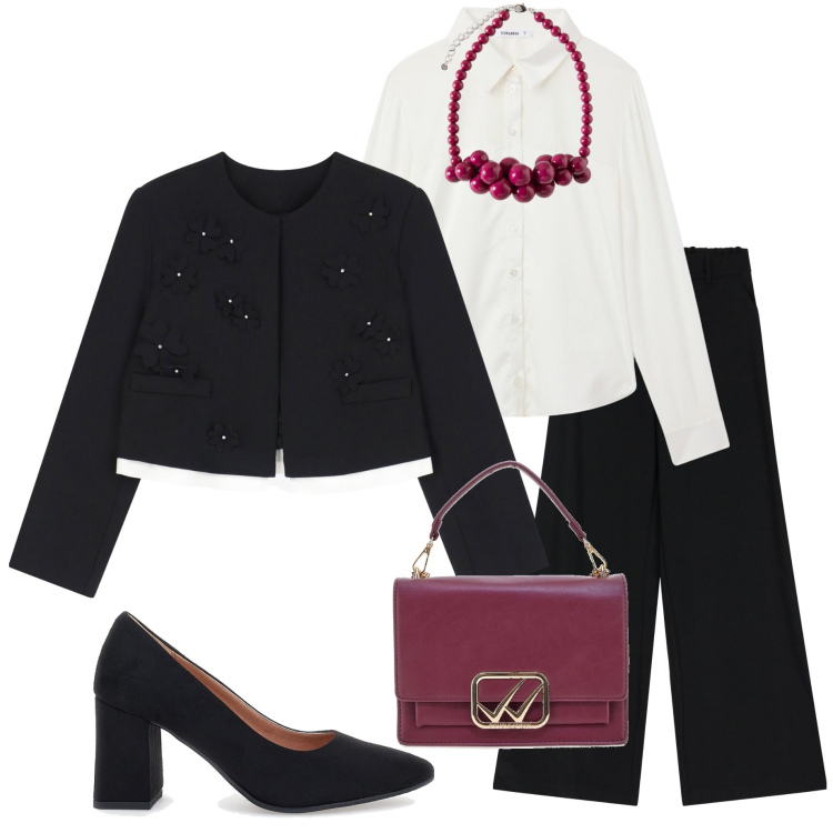 Outfit donna - A cena fuori. Stile Casual chic per Serata fuori. Abbinamento con camicie, blazer, pantaloni a palazzo, décolleté, collane, borse a tracolla.