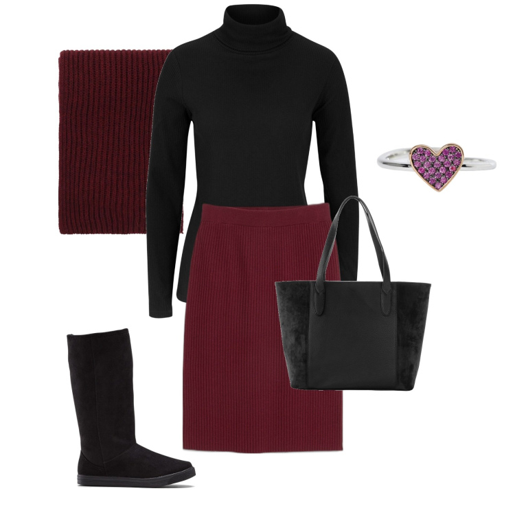 Outfit donna - È Venerdì. Stile Casual chic per Ufficio. Abbinamento con maglieria, shopping bag, stivali, gonne, anelli, sciarpe.