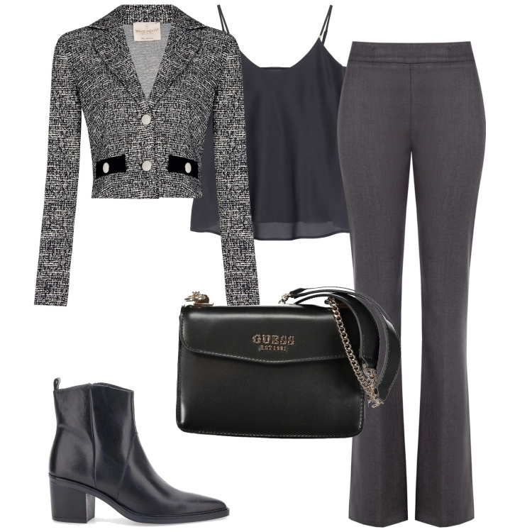 Outfit donna - Total look #2035666. Stile Chic per Tutti i giorni. Abbinamento con blazer, pantaloni, top, stivaletti, borse a spalla.