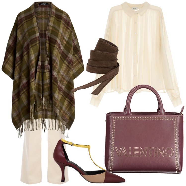 Outfit donna - Caldo freddo. Abbinamento con pantaloni a palazzo, cinture, décolleté, camicie, cappe, borse a spalla.