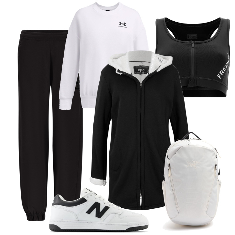 Outfit donna - Verso la palestra in black&white. Stile Casual per Sport. Abbinamento con felpe, sneakers, pantaloni, reggiseni, felpe, zaini.
