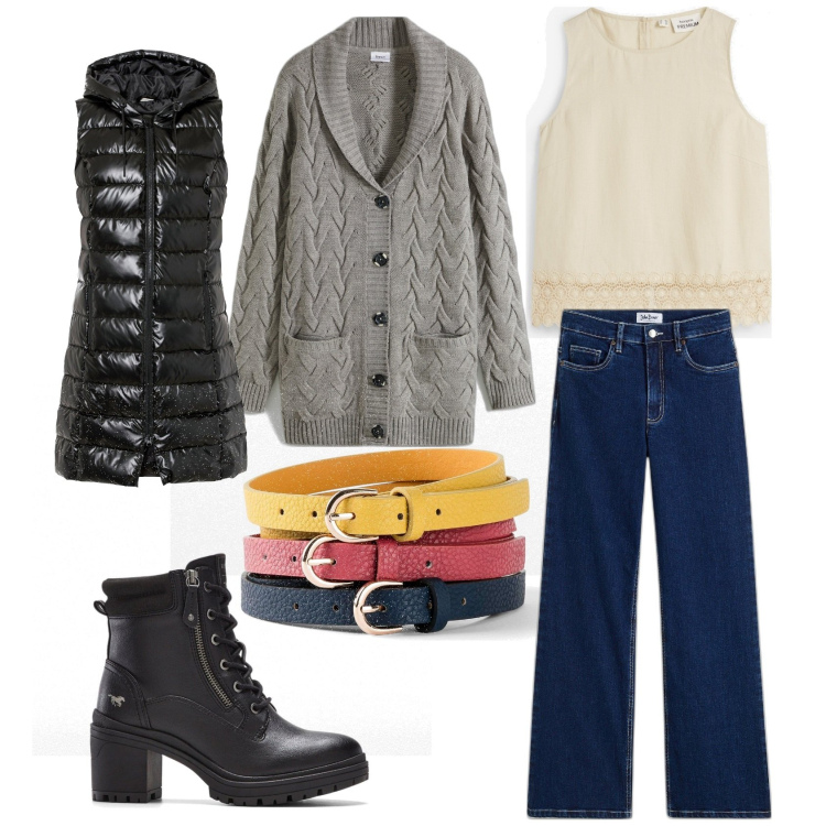 Outfit donna - Un jeans e via. Stile Casual chic per Tutti i giorni. Abbinamento con cardigans, gilet, cinture, jeans, top, stivaletti.