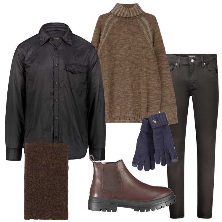 Outfit uomo - In città. Stile Urban per Ufficio. Abbinamento con sciarpe, maglieria, giacche, jeans skinny, stivali, guanti.