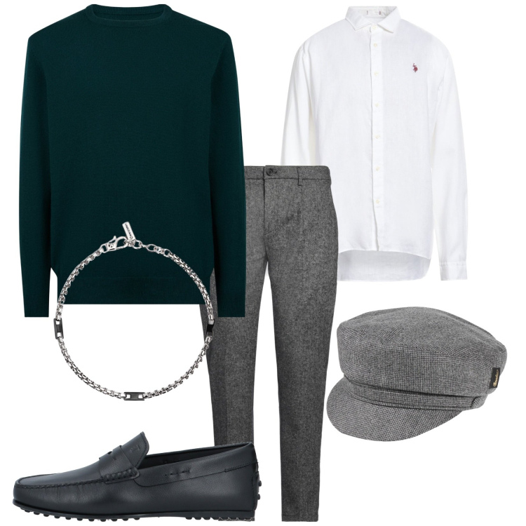 Outfit uomo - Total look #2035727. Stile Business/Elegante per Ufficio. Abbinamento con pantaloni, cappelli, camicie, scarpe stringate, braccialetti, maglieria.