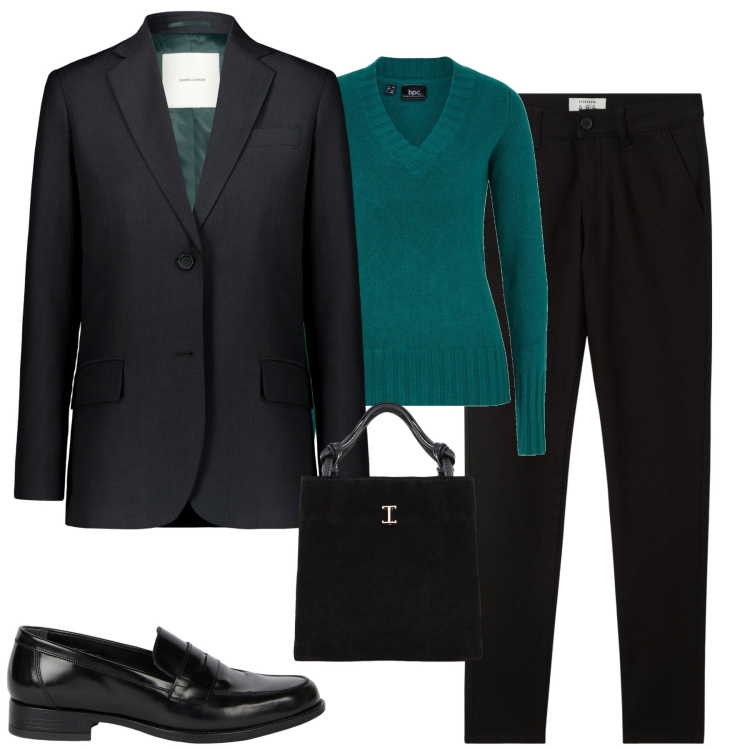 Outfit donna - In ufficio. Stile Mannish per Ufficio. Abbinamento con maglieria, pantaloni chino, shopping bag, blazer, mocassini.