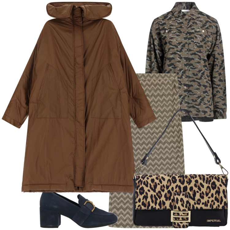 Outfit donna - Comoda e calda in città. Stile Trendy per Tutti i giorni. Abbinamento con mocassini, camicie, borse a spalla, gonne lunghe, parka.