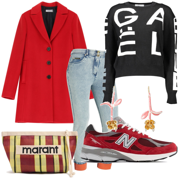 Outfit donna - Partenza per il fine settimana. Stile Sporty chic per Mare. Abbinamento con orecchini, sneakers, cappotti, jeans dritti, maglieria, valigie.
