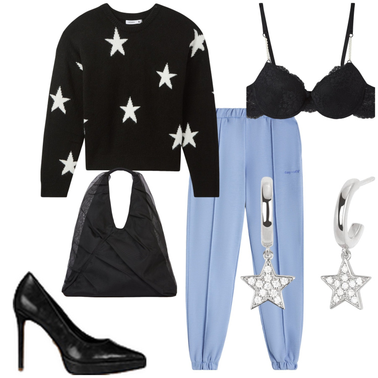 Outfit donna - Un cielo di stelle. Stile Glamour per Serata fuori. Abbinamento con maglieria, reggiseni a balconcino, orecchini, décolleté, pantaloni, shopping bag.