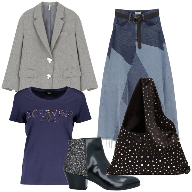 Outfit donna - Sportivo luccichio. Stile Sporty chic per Tutti i giorni. Abbinamento con stivaletti, blazer, gonne longuette, borse a spalla, t-shirt.