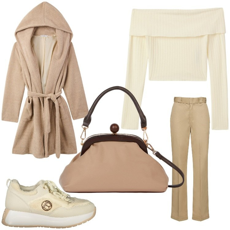 Outfit donna - Passeggiata fra amiche. Stile Sporty chic per Tutti i giorni. Abbinamento con cappotti, maglieria, clutch, pantaloni, sneakers.