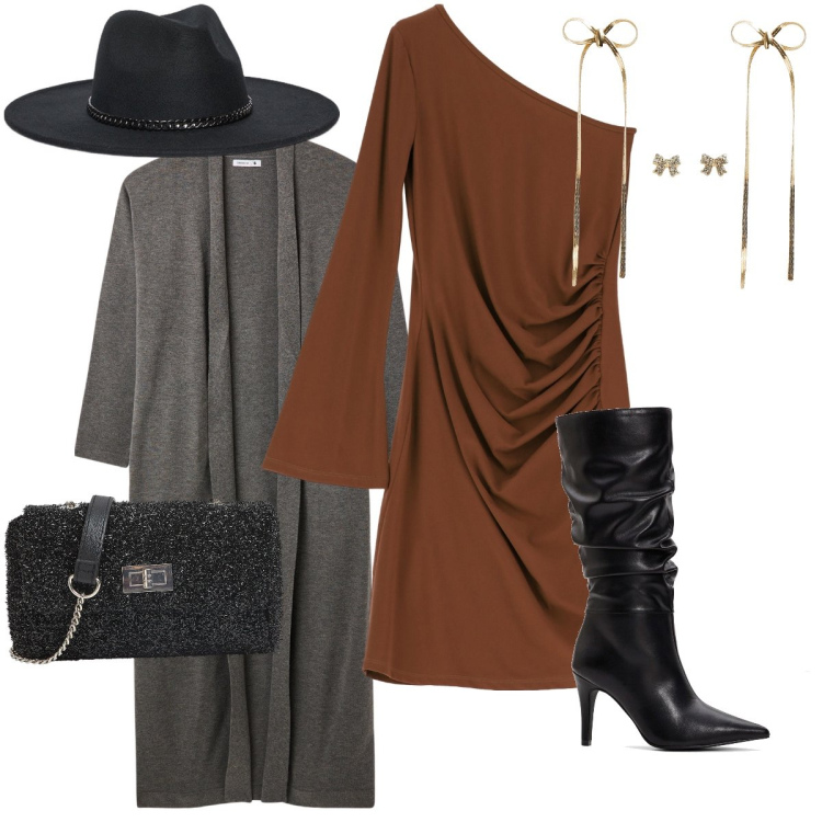 Outfit donna - Con il cappello. Stile Sexy per Serata fuori. Abbinamento con stivali, cardigans, borse a tracolla, orecchini, vestiti asimmetrici, cappelli.