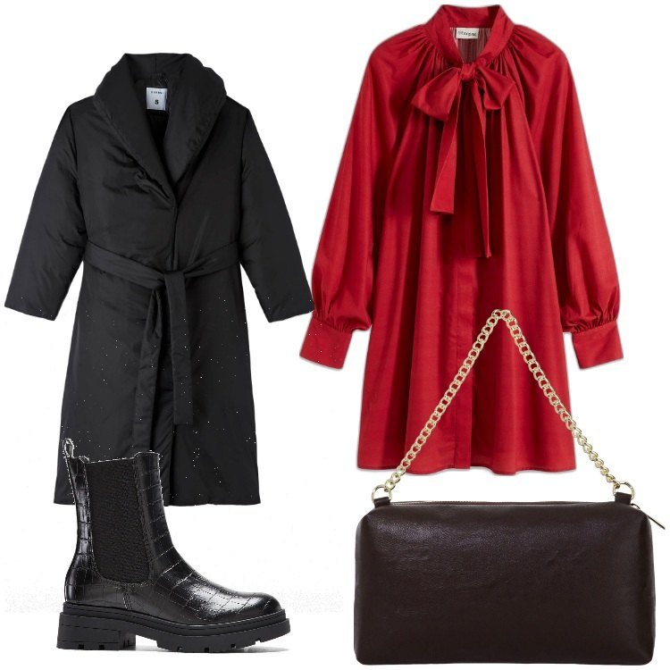 Outfit donna - Serata libera. Stile Casual chic per Serata fuori. Abbinamento con vestiti, stivaletti chelsea, piumini, borse a tracolla.