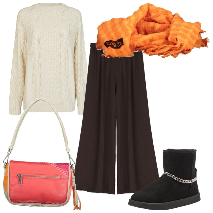 Outfit donna - Una sciarpa e via : coloratissima. Stile Trendy per Tutti i giorni. Abbinamento con pantaloni, stivaletti, maglieria, borse a spalla, sciarpe.