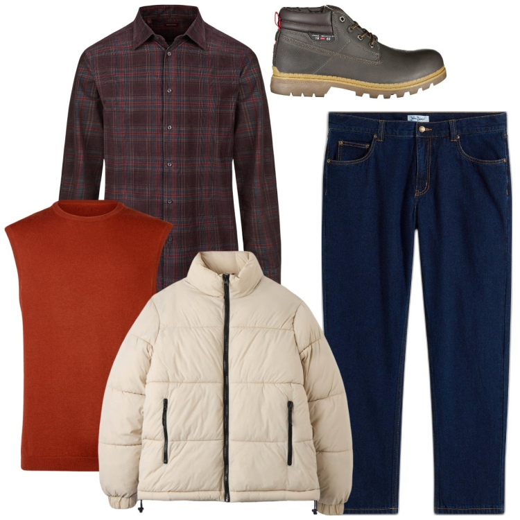 Outfit uomo - Casual gennaio. Stile Casual per Tutti i giorni. Abbinamento con jeans dritti, piumini, gilet, stivali, camicie.