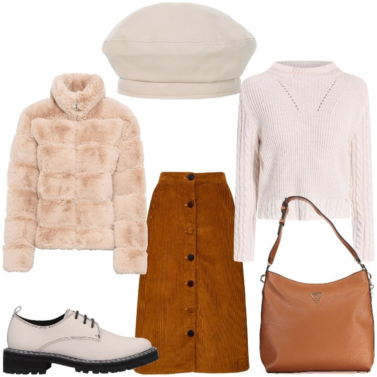 Outfit donna - Morbida. Stile Casual chic per Serata fuori. Abbinamento con ecopellicce, scarpe stringate, cappelli e berretti, maglieria, gonne longuette, borse a tracolla.