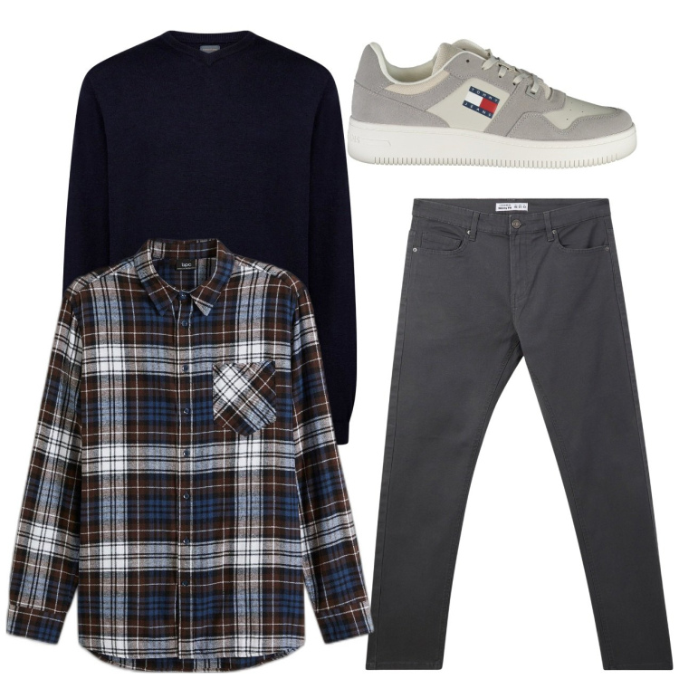 Outfit uomo - Casual in blu e grigio. Stile Casual per Tutti i giorni. Abbinamento con camicie, pantaloni skinny, maglieria, sneakers.