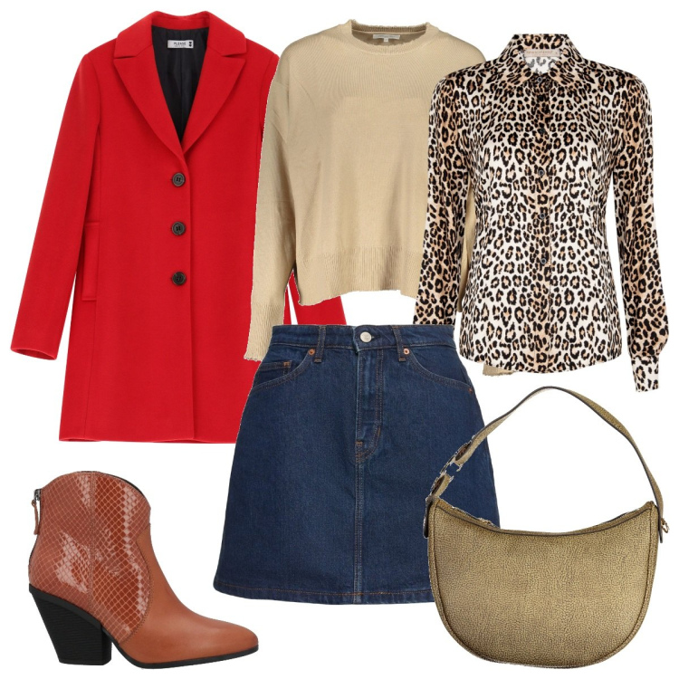 Outfit donna - Moda e layering : rosso e animalier. Stile Trendy per Tutti i giorni. Abbinamento con stivaletti texani, cappotti, camicie, minigonne, borse a spalla, maglieria.