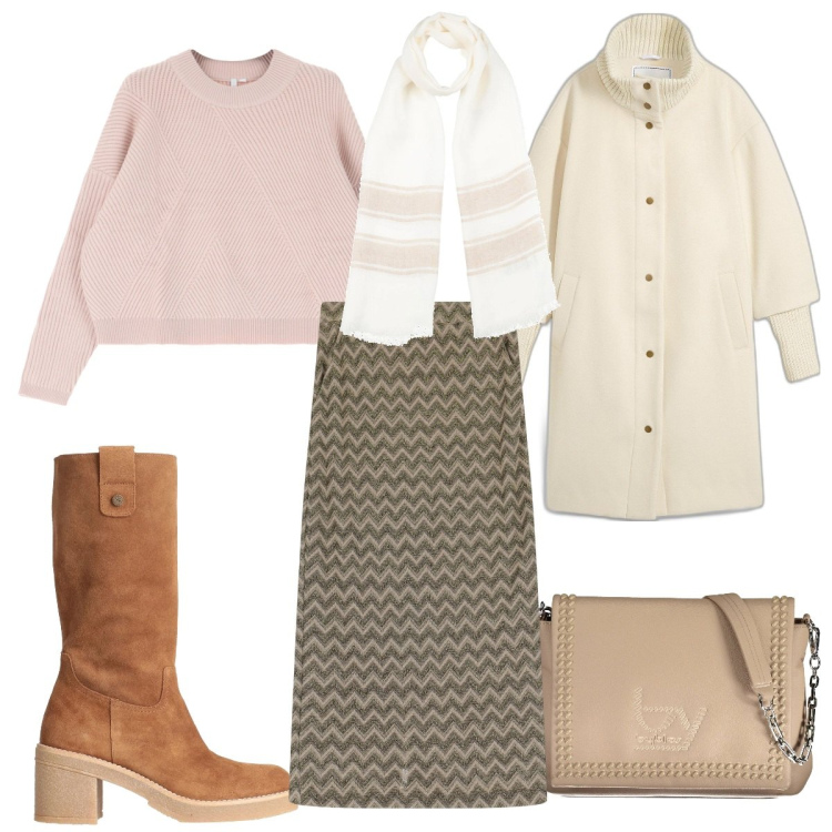 Outfit donna - Moda e layering : con la sciarpa. Stile Trendy per Tutti i giorni. Abbinamento con cappotti, stivali, sciarpe, maglieria, gonne lunghe, borse a spalla.