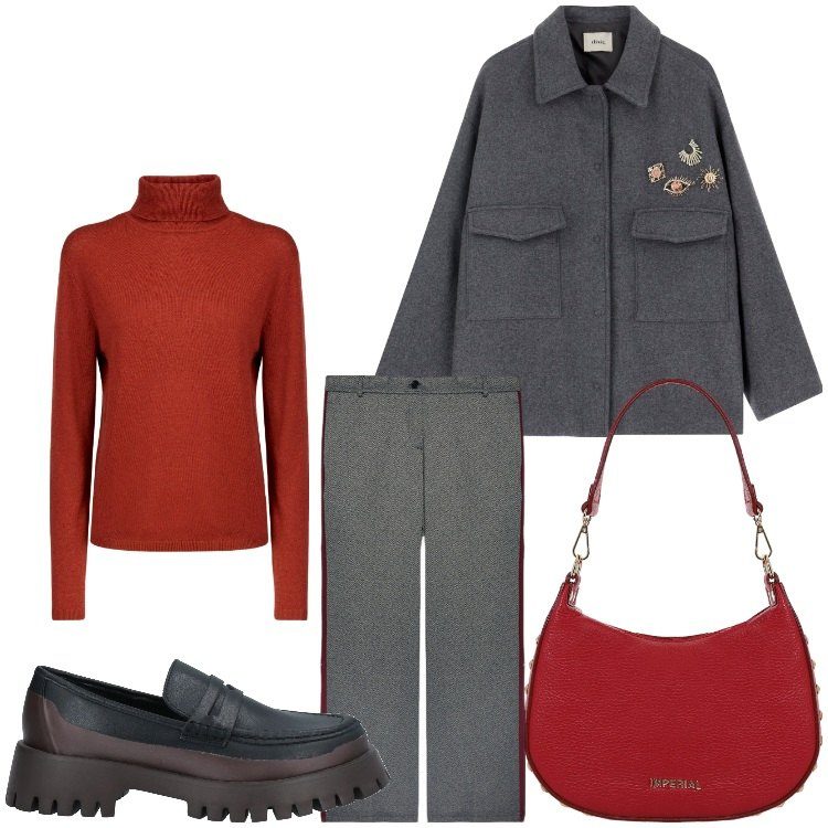 Outfit donna - Bella in ufficio. Stile Casual chic per Ufficio. Abbinamento con mocassini, borse a spalla, cappotti, pullovers, pantaloni a palazzo.