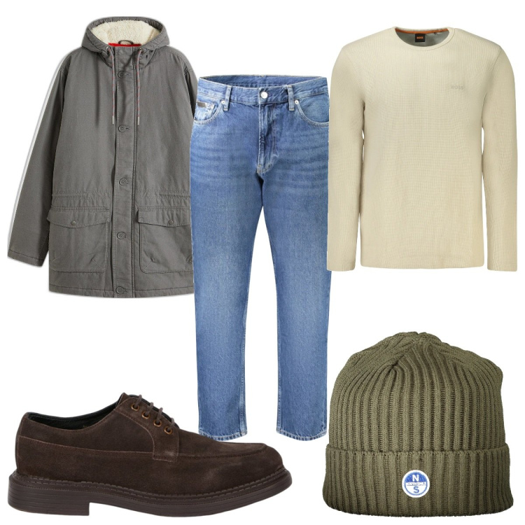 Outfit uomo - Il berretto per l\'inverno : casual. Stile Casual per Tutti i giorni. Abbinamento con parka, scarpe stringate, jeans, berretti, maglieria.