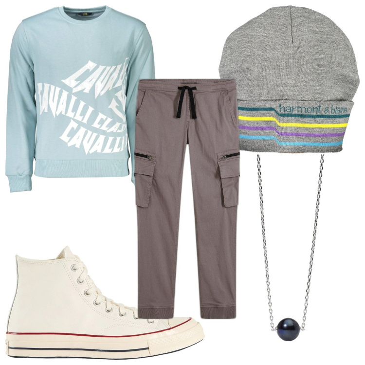 Outfit uomo - Il berretto per l\'inverno: urban. Stile Urban per Tutti i giorni. Abbinamento con pantaloni cargo, sneakers alte, collane, berretti, felpe.