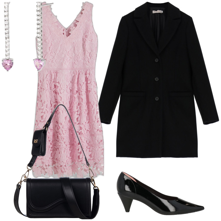 Outfit donna - Pizzo d inverno. Stile Chic per Serata fuori. Abbinamento con vestiti, décolleté, orecchini, cappotti, pochette.