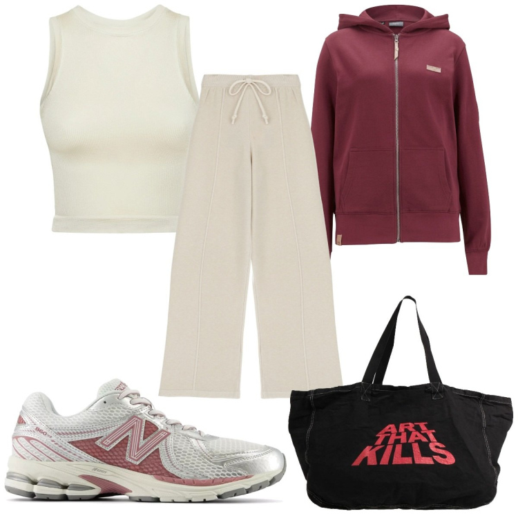 Outfit donna - Total look #2035798. Stile Trendy per Sport. Abbinamento con felpe con cappuccio, borse a spalla, sneakers, pantaloni, canottiere.