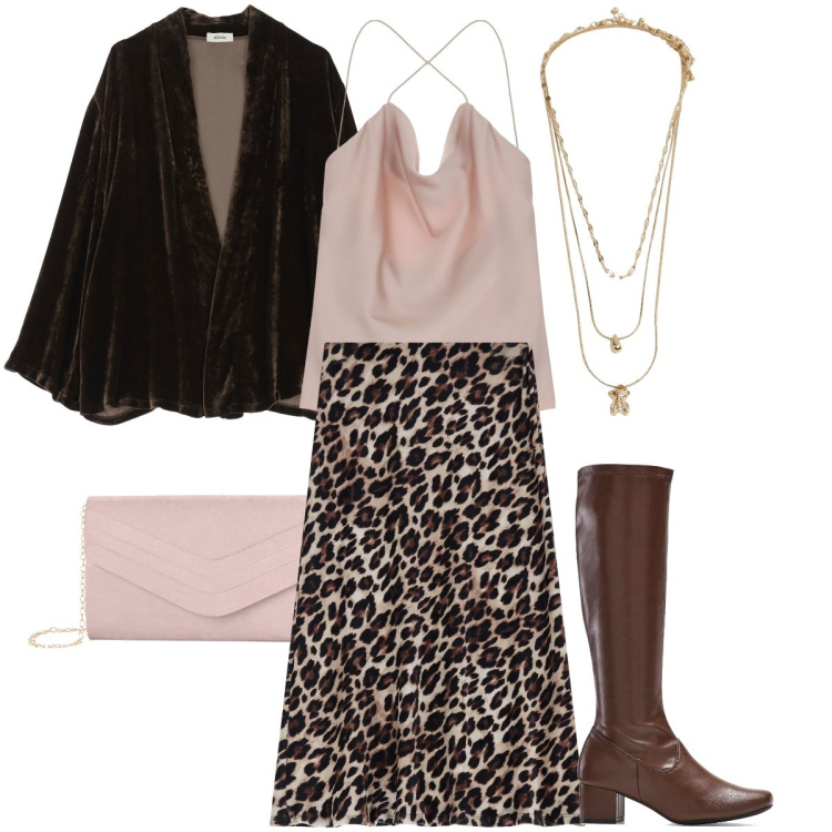 Outfit donna - La gonna leopardata. Stile Romantica per Serata fuori. Abbinamento con stivali, pochette, ciondoli, gonne longuette, blazer, top.