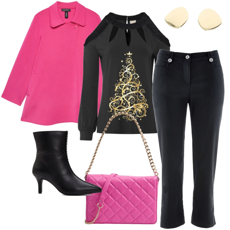 Outfit donna - La cappa fucsia. Stile Romantica per Serata fuori. Abbinamento con pantaloni capri, maglieria, stivaletti, borse a tracolla, orecchini, cappotti.