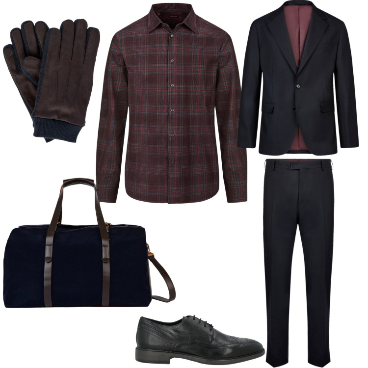 Outfit uomo - Viaggio lavoro riunione. Stile Business/Elegante per Ufficio. Abbinamento con scarpe stringate, guanti, pantaloni chino, camicie, abiti, borse sportive.