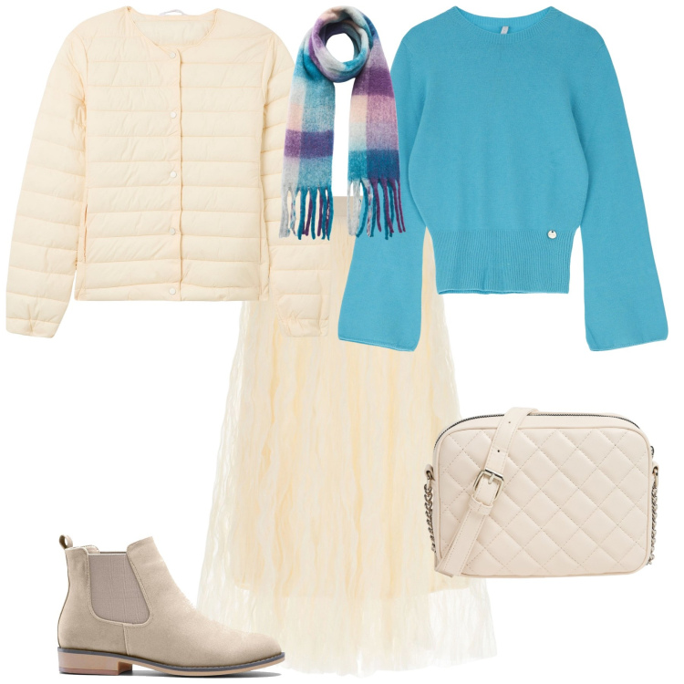 Outfit donna - Total look #2035875. Stile Romantica per Tutti i giorni. Abbinamento con stivaletti chelsea, sciarpe, borse a tracolla, piumini, pullovers, gonne lunghe.
