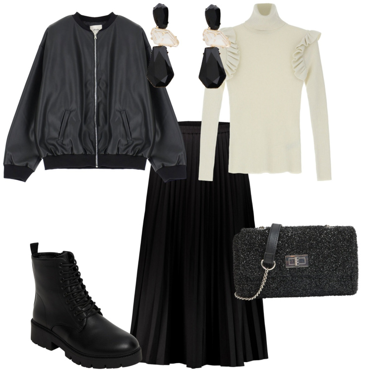 Outfit donna - Total look #2035881. Stile Rock per Serata fuori. Abbinamento con borse a tracolla, anfibi, maglieria, bomber, orecchini, gonne lunghe.