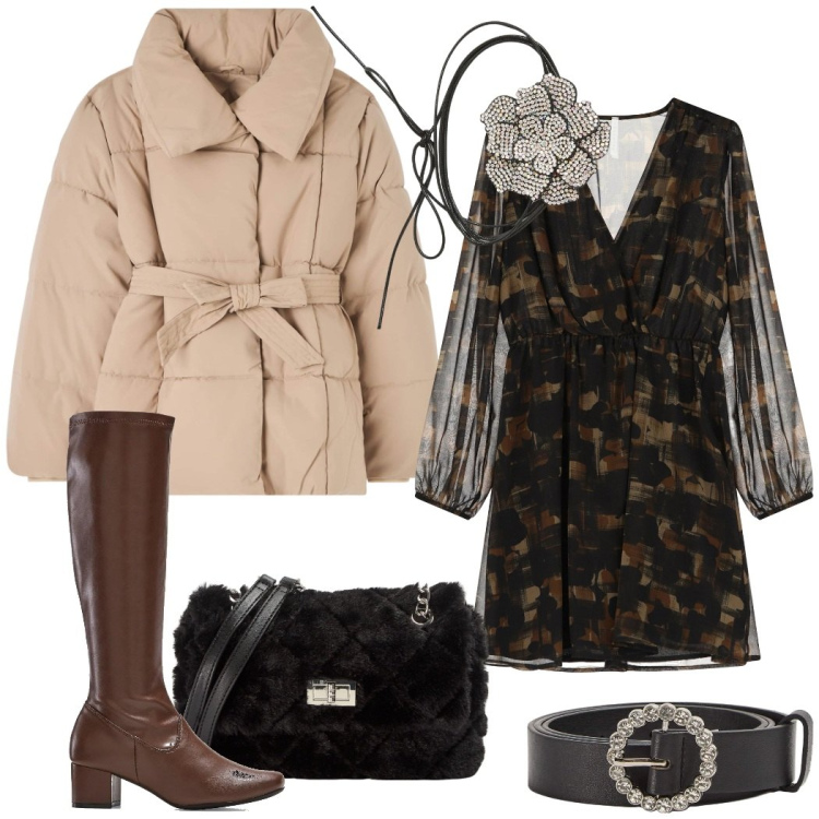 Outfit donna - Cena romantica. Stile Glamour per Serata fuori. Abbinamento con stivali, cinture, borse a spalla, piumini, collane, vestiti corti.
