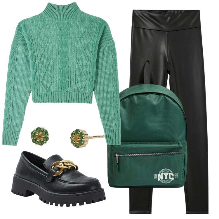 Outfit donna - Casual a scuola. Stile Casual chic per Scuola/Università. Abbinamento con maglieria, zaini, treggings, mocassini, orecchini.