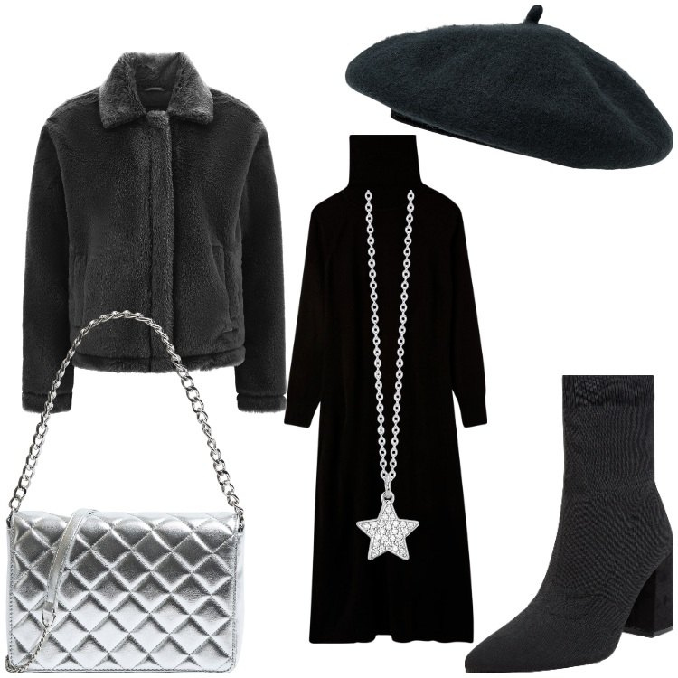 Outfit donna - Basco e argento. Stile Casual chic per Serata fuori. Abbinamento con vestiti lunghi, stivaletti, borse a tracolla, collane, cappotti, cappelli e berretti.